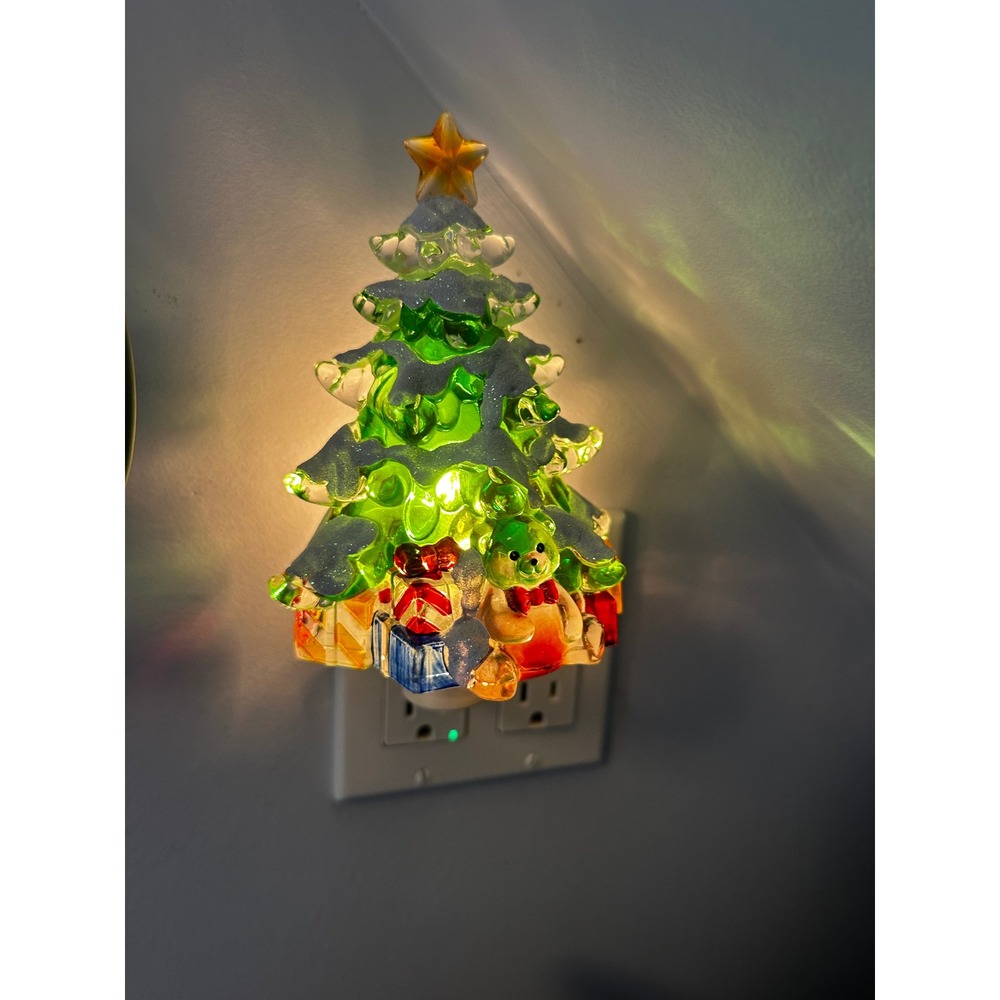 Christmas Tree Night Light Glass Snow Capped Teddy Bear Gifts Holiday Decor